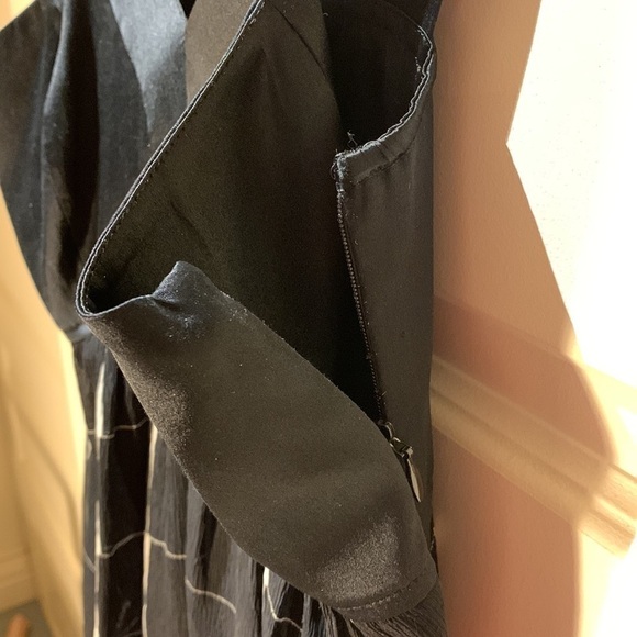 Black Sheer Silk Dress Babydoll Sz S V Neck White Checkered Minimalist Party - Picture 7 of 8